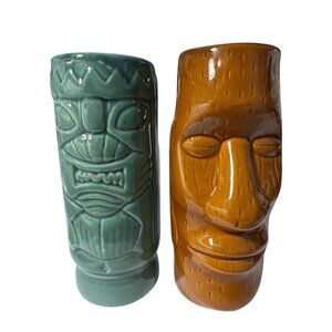Tiki Mug Set Ceramic Polynesian Statue Style 7” Tall Green & Brown Set of 2